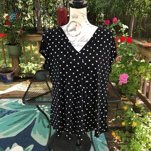 Lane Bryant Black White Polka Dot Print V-neck Cap,Sleeve Popover Top Size 14/16